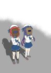  2girls bike_shorts black_hair black_legwear blue_neckwear blue_sailor_collar blue_skirt bob_cut braid commentary etorofu_(kancolle) full_body gradient_hair hat highres kantai_collection kneehighs long_hair long_sleeves mary_janes matsuwa_(kancolle) multicolored_hair multiple_girls neckerchief pleated_skirt purple_hair red_hair sailor_collar sailor_hat school_uniform serafuku shoes shorts shorts_under_skirt side_braid skirt socks standing takku twin_braids welding_mask white_headwear white_legwear 