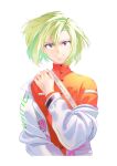  1boy absurdres androgynous green_hair hand_up highres kurokiseow lio_fotia long_sleeves looking_at_viewer parted_lips promare purple_eyes short_hair simple_background smile solo upper_body white_background 