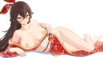  1girl amber_(genshin_impact) armpits bangs bare_shoulders blush breasts brown_eyes brown_hair collarbone commission crossed_bangs genshin_impact hair_ribbon highres japanese_clothes jewelry kimono large_breasts long_hair looking_at_viewer lying miaru naked_kimono nipples no_bra no_panties obi off_shoulder on_side pendant pussy red_kimono red_ribbon revision ribbon sash smile thighs vision_(genshin_impact) 