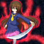  1girl blood blood_on_face brown_hair corpse_party corpse_party_if green_eyes holding holding_sword holding_weapon kasui_sayako long_hair neckerchief pleated_skirt sailor_collar school_uniform serafuku skirt solo sword umberblack weapon 