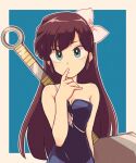  1girl black_leotard blue_background bow closed_mouth commentary finger_to_mouth green_eyes hair_bow huge_weapon index_finger_raised kuonji_ukyou leotard long_hair looking_at_viewer maru_handa outside_border pensive ranma_1/2 solo strapless symbol_commentary thinking upper_body weapon weapon_on_back white_bow 