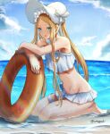  1girl abigail_williams_(fate) abigail_williams_(swimsuit_foreigner)_(fate) aona_(anagasaki) bangs bare_shoulders beach bikini blonde_hair blue_eyes bonnet bow breasts fate/grand_order fate_(series) forehead hair_bow highres innertube long_hair miniskirt navel parted_bangs seiza shore sidelocks sitting skirt small_breasts smile solo swimsuit twintails very_long_hair wet white_bikini white_bow white_headwear 