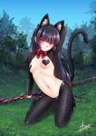  1girl adsouto animal_ear_fluff animal_ears arm_up bangs black_hair black_legwear blue_sky blunt_bangs bow bowtie breasts cat_ears cat_tail closed_mouth day eyebrows_visible_through_hair fingerless_gloves full_body gate_-_jieitai_ka_no_chi_nite_kaku_tatakaeri gloves glowing glowing_eyes head_tilt highres kneeling lipstick long_hair makeup meme_attire navel outdoors pantyhose red_bow red_eyes red_neckwear reverse_bunnysuit reverse_outfit rory_mercury shiny shiny_hair shrug_(clothing) signature sky small_breasts smile solo tail very_long_hair 