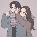  1boy 1girl arms_up black_eyes black_hair blush brown_hair brown_jacket brown_theme grey_background grey_jacket highres hoppe_illust jacket long_hair long_sleeves original plaid plaid_scarf scarf short_hair simple_background 