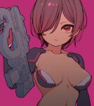 1girl android apex_legends bangs breasts brown_hair collarbone gun hair_behind_ear hair_over_one_eye holding holding_gun holding_weapon hololive mechanical_arms medium_breasts nosir_onadat nude one_eye_covered pink_background prowler_smg red_eyes roboco-san science_fiction short_hair simple_background solo submachine_gun upper_body virtual_youtuber weapon 