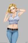  1girl android_18 arm_behind_head armpits arms_up belt blonde_hair blue_eyes blue_pants bracelet breasts cleavage commentary cowboy_shot crop_top denim dragon_ball dragon_ball_z earrings easonx english_commentary grey_background highres jeans jewelry large_breasts midriff navel necklace pants patreon_username short_hair signature simple_background sleeveless solo standing watermark web_address 