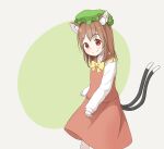  1girl animal_ear_fluff animal_ears bow bowtie brown_eyes brown_hair cat_ears cat_tail chen dress earrings feet_out_of_frame gold_trim green_background hat jewelry keyakko light_blush looking_at_viewer medium_hair mob_cap multiple_tails nekomata red_dress simple_background single_earring smile solo tail touhou two_tails yellow_neckwear 