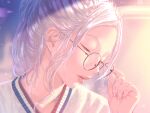  1girl a.x. black-framed_eyewear blurry blurry_background blush closed_eyes face fingernails glasses hand_on_eyewear hands light_particles light_rays long_hair original parted_lips pink_lips ponytail round_eyewear solo teeth upper_body upper_teeth white_hair 
