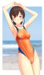  1girl absurdres arms_up blue_sky blurry breasts brown_hair clothes_writing cloud commentary_request competition_swimsuit cowboy_shot day depth_of_field highres horizon kantai_collection long_hair looking_at_viewer low_ponytail multicolored multicolored_clothes multicolored_swimsuit ocean one-piece_swimsuit orange_eyes orange_swimsuit outdoors parted_lips sky small_breasts solo souya_(kancolle) swimsuit takafumi waves 