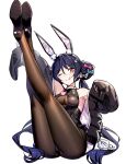  1girl ;q allen_m._sumner_(azur_lane) allen_m._sumner_(charming_rabbit)_(azur_lane) animal_ear_fluff animal_ears arm_up azur_lane bare_shoulders black_footwear black_hair black_jacket black_leotard blue_bow blush bow breasts brown_legwear bunny_ears closed_mouth commentary crossed_legs double_bun full_body hair_bow heart high_heels jacket legs_up leotard long_sleeves medium_breasts official_alternate_costume one_eye_closed open_clothes open_jacket pantyhose pink_bow ririko_(zhuoyandesailaer) see-through shoe_soles shoes simple_background sleeves_past_fingers sleeves_past_wrists smile solo tongue tongue_out twintails white_background white_bow 