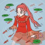  1girl black_eyes dress feet_out_of_frame fish flower frills highres hoppe_illust lily_pad long_hair long_sleeves original parted_lips pink_flower ponytail red_dress red_hair ripples solo wide_sleeves 