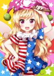  1girl :d american_flag_dress american_flag_legwear bangs blonde_hair clownpiece cowboy_shot dress eyebrows_visible_through_hair hand_on_hip hat highres holding holding_torch jester_cap long_hair looking_at_viewer multicolored multicolored_background neck_ruff open_mouth pantyhose pink_eyes pink_headwear polka_dot_headwear ruu_(tksymkw) short_sleeves smile solo standing star_(symbol) star_print starry_background striped striped_dress striped_legwear torch touhou v-shaped_eyebrows 