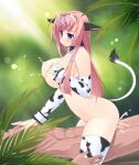 1boy 1girl amasa_mitsunaru animal_ears animal_print bangs blush breasts bridal_gauntlets closed_mouth commentary_request cow_ears cow_girl cow_horns cow_print cow_tail cowboy_shot cowgirl_position cum cum_in_pussy ejaculation elbow_gloves eyebrows_visible_through_hair girl_on_top gloves hair_ribbon hetero highres horns huge_breasts lactation long_hair nipples original panties pink_hair plant print_gloves print_legwear purple_eyes ribbon sex solo_focus straddling tail thighhighs underwear vaginal wavy_mouth wrist_cuffs 