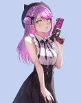  apex_legends bangs belt beret beyo black_belt black_headwear black_skirt blue_background breasts collared_shirt finger_on_trigger gun hair_behind_ear handgun hat highres holding holding_gun holding_weapon hololive long_hair parted_lips pistol pointy_ears purple_hair sa-3_mozambique shirt shirt_tucked_in side_bun skirt sleeveless sleeveless_shirt small_breasts tokoyami_towa virtual_youtuber weapon white_shirt 