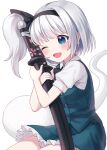  1girl ;d bangs black_hairband black_neckwear blue_eyes collared_shirt eyebrows_visible_through_hair green_skirt green_vest hairband holding holding_sword holding_weapon konpaku_youmu konpaku_youmu_(ghost) multiple_swords object_hug one_eye_closed open_mouth sheath sheathed shirt short_hair short_sleeves silver_hair simple_background sitting skirt smile solo suzuno_naru sword touhou vest weapon white_background white_shirt 