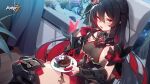  1girl ai_xiao_meng blush breasts bug butterfly cake curtains dish fish fish_tank food fork gauntlets gloves half_gloves highres honkai_(series) honkai_impact_3rd insect leggings long_hair looking_at_viewer medium_breasts multicolored_hair official_art red_eyes red_gloves seele_vollerei seele_vollerei_(starchasm_nyx) two-tone_hair 
