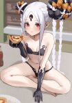  1girl abigail_williams_(fate) abigail_williams_(swimsuit_foreigner)_(fate) absurdres bikini black_bikini black_gloves bow cheese_trail commentary_request double_bun eating elbow_gloves fate/grand_order fate_(series) flat_chest food full_body gloves hair_bow highres indian_style keyhole kopaka_(karda_nui) long_hair looking_at_viewer multiple_bows navel pizza red_eyes sitting solo swimsuit third_eye white_hair 