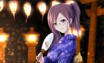  1girl asymmetrical_hair commentary_request fan glasses holding holding_fan idolmaster idolmaster_cinderella_girls inou_hiroaki japanese_clothes kimono lantern light_blush looking_at_viewer purple_eyes purple_hair purple_kimono semi-rimless_eyewear short_ponytail solo under-rim_eyewear upper_body yagami_makino yukata 