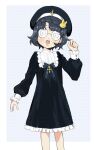  1girl anyamal_tantei_kirumin_zoo bangs black_dress black_hair blunt_bangs braid bunny_hair_ornament coke-bottle_glasses dress frilled_dress frills glasses hair_ornament hat highres mikogami_rimu open_mouth panyatteria solo 