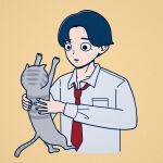  1boy animal black_eyes blue_hair breast_pocket cat collared_shirt grey_cat highres holding holding_animal holding_cat hoppe_illust long_sleeves mole mole_under_eye original pocket shirt short_hair simple_background solo tan_background white_shirt 