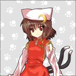  1girl alphes_(style) animal_hat brown_hair cat_girl cat_hat cat_tail crescent crescent_hat_ornament hat hat_ornament mikazuki_neko mikazuki_neko_(character) multiple_tails nekomata original parody paw_print paw_print_background red_eyes smile solo style_parody tail two_tails upper_body 