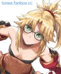  1girl bangs bare_shoulders blonde_hair blush braid breasts collarbone detached_collar detached_sleeves fate/apocrypha fate_(series) french_braid glasses green_eyes hair_ornament hair_scrunchie jewelry leaning_forward leaning_to_the_side long_hair looking_at_viewer md5_mismatch mordred_(fate) mordred_(fate)_(all) navel necklace parted_bangs ponytail resolution_mismatch scrunchie sidelocks simple_background small_breasts solo source_smaller tonee 