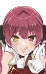  1girl face gloves heterochromia highres hololive houshou_marine index_finger_raised panyatteria portrait red_eyes red_hair solo tongue tongue_out twintails virtual_youtuber w white_gloves yellow_eyes 