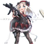  1girl bangs beret black_bow black_cape black_dress black_gloves black_legwear blue_eyes blush bow bullet cape character_name commentary dress fingerless_gloves forehead girls_frontline gloves gun h&amp;k_mp5 handgun hat highres holding holding_gun holding_weapon holster kuro_kosyou long_hair looking_away looking_to_the_side mod3_(girls_frontline) mp5_(girls_frontline) necktie object_namesake open_mouth pantyhose parted_bangs pistol pleated_skirt polka_dot_cape red_headwear red_neckwear simple_background skirt solo submachine_gun thigh_holster unmoving_pattern v-shaped_eyebrows weapon white_background white_hair white_skirt 