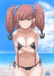  1girl anchor_hair_ornament atlanta_(kancolle) beach bikini black_bikini blue_sky breasts brown_hair cleavage cloud commentary_request cowboy_shot day frown grey_eyes hair_ornament highres horizon kantai_collection large_breasts leaning_forward long_hair looking_at_viewer ocean outdoors side-tie_bikini sky solo swimsuit t2r thigh_gap two_side_up untied untied_bikini 