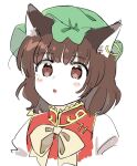  1girl :o animal_ear_fluff animal_ears blush_stickers brown_eyes brown_hair cat_ears chen cropped_torso dress earrings gold_trim jewelry red_dress sasa_kichi short_hair simple_background single_earring sketch solo touhou upper_body white_background 