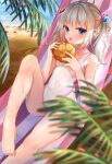 1girl absurdres bangs bare_legs bare_shoulders barefoot beach blue_eyes blurry blurry_foreground blush bread breasts collarbone commentary depth_of_field eating feet food hair_ornament highres holding holding_food legs long_hair looking_at_viewer melon_bread minertime one-piece_swimsuit open_mouth original small_breasts solo swimsuit twintails water wet white_hair white_swimsuit 