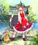  1girl :d animal_ear_fluff animal_ears blush bow bowtie brown_eyes brown_hair cat cat_ears cat_tail chen dappled_sunlight day dress earrings full_body gold_trim hat highres jewelry mob_cap multiple_tails nekomata open_mouth outdoors red_dress short_hair single_earring smile solo standing sunlight tail touhou two_tails umigarasu_(kitsune1963) white_neckwear 