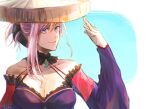  1girl bangs braid breasts collarbone fate/grand_order fate_(series) hand_up hat hoshi_rasuku japanese_clothes jewelry kimono miyamoto_musashi_(fate) necklace pink_hair purple_eyes simple_background smile solo upper_body 