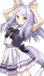  1girl absurdres animal_ears arms_up black_ribbon blouse blush brown_footwear bunny_pose commentary_request ear_ribbon eyebrows_visible_through_hair frown green_ribbon hands_on_own_head highres horse_ears horse_girl horse_tail long_hair looking_at_viewer mejiro_mcqueen_(umamusume) midriff_peek neck_ribbon pleated_skirt pomu purple_blouse purple_eyes purple_hair purple_skirt ribbon sailor_collar school_uniform serafuku short_sleeves signature simple_background skirt solo sweat tail thighhighs tracen_school_uniform umamusume white_background white_legwear 