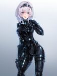  black_bodysuit bodysuit breasts energy_gun gantz gantz_suit green_eyes gun h-gun highres holding holding_gun holding_weapon hololive large_breasts latex latex_bodysuit md5_mismatch neon_lights neon_trim open_mouth parazan_d resolution_mismatch shirogane_noel short_hair silver_hair skin_tight solo source_smaller sweat virtual_youtuber weapon 