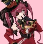  +_+ 1girl biting black_gloves breasts chain cleavage detached_sleeves eyepatch flower glove_biting gloves grin hair_ribbon hat hat_flower highres hololive houshou_marine juliet_sleeves large_breasts long_sleeves panyatteria pink_background puffy_sleeves red_hair ribbon smile solo top_hat twintails virtual_youtuber yellow_eyes 