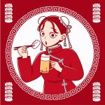  1girl bun_cover chopsticks cup double_bun highres holding holding_cup hoppe_illust long_sleeves looking_at_viewer open_mouth original red_hair red_shirt red_theme shirt solo tassel upper_body white_background 