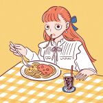  1girl black_eyes cup earrings eating food food_in_mouth food_on_face fork highres holding holding_fork hoppe_illust jewelry long_hair long_sleeves looking_at_viewer orange_hair original pasta plate shirt simple_background solo spaghetti upper_body white_shirt yellow_background 
