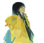  1girl backpack bag black_hair blue_bag blue_eyes braid coat commentary_request duck_hood from_side hands_up highres hooded_coat long_hair looking_away original parted_lips profile raincoat simple_background sleepless_(wrysmile) solo twin_braids upper_body white_background yellow_coat 