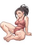  1girl barefoot black_hair boku_no_hero_academia breasts cameltoe collarbone english_commentary fingernails full_body hair_pulled_back highres large_breasts lentiyay looking_at_viewer medium_hair one-piece_swimsuit ponytail red_swimsuit reward_available silver_eyes sitting soles solo sweat swimsuit thighs toenails toes white_background yaoyorozu_momo 