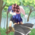  1girl asgard bangs black_pants black_shirt blue_eyes blue_hair brown_gloves commentary_request cowboy_shot day forest gloves hat holding holding_sword holding_weapon jester_cap kanagi_tsumugi long_hair looking_at_viewer looking_back nature open_mouth outdoors pants pink_headwear pom_pom_(clothes) shirt solo sword tree warrior_(asgard) weapon 