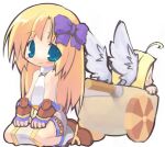  2girls ahoge amasa_mitsunaru angel_wings bangs blonde_hair blue_eyes blush_stickers bow cart chibi closed_mouth commentary_request full_body hair_bow long_hair looking_at_viewer multiple_girls pullcart purple_bow ragnarok_online seiza shirt shorts simple_background sitting sleeveless sleeveless_shirt smile super_novice_(ragnarok_online) tabard white_background white_shirt white_shorts wings 