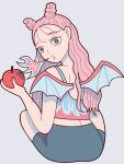  1girl apple black_skirt breathing_fire double_bun fire food from_behind fruit grey_background grey_eyes holding holding_food holding_fruit hoppe_illust long_hair looking_at_viewer open_mouth original pink_hair print_tank_top simple_background skirt solo tank_top wings 