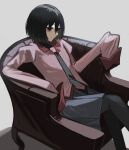  1girl arm_rest arm_up armchair bangs black_eyes black_hair black_neckwear black_undershirt bob_cut breasts chair crossed_legs empty_eyes grey_skirt hair_between_eyes hair_strand highres juliet_sleeves leaning_back long_sleeves looking_ahead monogatari_(series) naoetsu_high_school_uniform necktie oshino_ougi outstretched_arm pink_shirt pleated_skirt puffy_sleeves school_uniform shadow shirt short_hair simple_background sitting skirt sleeves_past_fingers sleeves_past_wrists small_breasts smile solo turtleneck white_background yamada_maya_(yamdmay) 