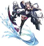  1girl :d artist_request azur_lane bare_shoulders baseball_bat black_legwear blue_jacket bow bright_pupils covered_navel dress floating_hair full_body grey_hair hair_bow hair_horns head_tilt highres holding jacket long_hair long_sleeves looking_at_viewer machinery multicolored_hair off_shoulder official_art open_clothes open_jacket open_mouth outstretched_arms pink_eyes san_francisco_(azur_lane) shoes single_leg_pantyhose single_thighhigh sleeveless sleeveless_dress smile solo streaked_hair thigh_strap thighhighs transparent_background turret twintails very_long_hair water white_dress white_footwear 