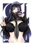  1girl bangs black_bra black_hair bra breasts cellphone final_fantasy final_fantasy_xiv gaia_(ff14) highres large_breasts long_hair mask mask_pull mouth_mask navel necktie ooshima_ryou parted_lips phone purple_eyes purple_hair sleeves_past_wrists smartphone solo underwear v 
