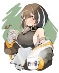  1girl arknights artist_name breasts brown_hair clothes_around_waist coffee coffee_mug collarbone commentary cup eating fish food from_side grey_sweater highres holding holding_cup holding_food looking_at_viewer magallan_(arknights) mug multicolored_hair navel off-shoulder_sweater off_shoulder retri sandwich sideboob sideways_glance solo streaked_hair sweater twitter_username white_hair white_sleeves yellow_eyes 