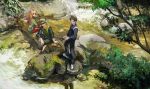  1girl 2boys absurdres aida_kensuke bangs black_hair blue_eyes brown_hair evangelion:_3.0+1.0_thrice_upon_a_time eyepatch fishing fishing_rod forest friends glasses grin hair_ornament hairclip hat highres huge_filesize ikari_shinji jacket long_hair multiple_boys nature neon_genesis_evangelion plugsuit qniokun rebuild_of_evangelion river rock sitting smile souryuu_asuka_langley standing tree water 