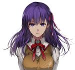  1girl bangs breasts brown_vest closed_mouth collared_shirt eyebrows_visible_through_hair fate/stay_night fate_(series) floating_hair hair_between_eyes hair_ribbon homurahara_academy_uniform large_breasts long_hair looking_at_viewer matou_sakura neck_ribbon purple_eyes purple_hair red_ribbon ribbon school_uniform shirt signature simple_background solo tcb upper_body vest white_background white_shirt 