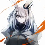  1girl animal_ears arknights black_eyes bunny_ears commentary frostnova_(arknights) grey_jacket hair_ornament hair_over_one_eye hairclip jacket looking_at_viewer medium_hair scar scar_on_face scar_on_nose shimasato solo upper_body white_background white_hair 